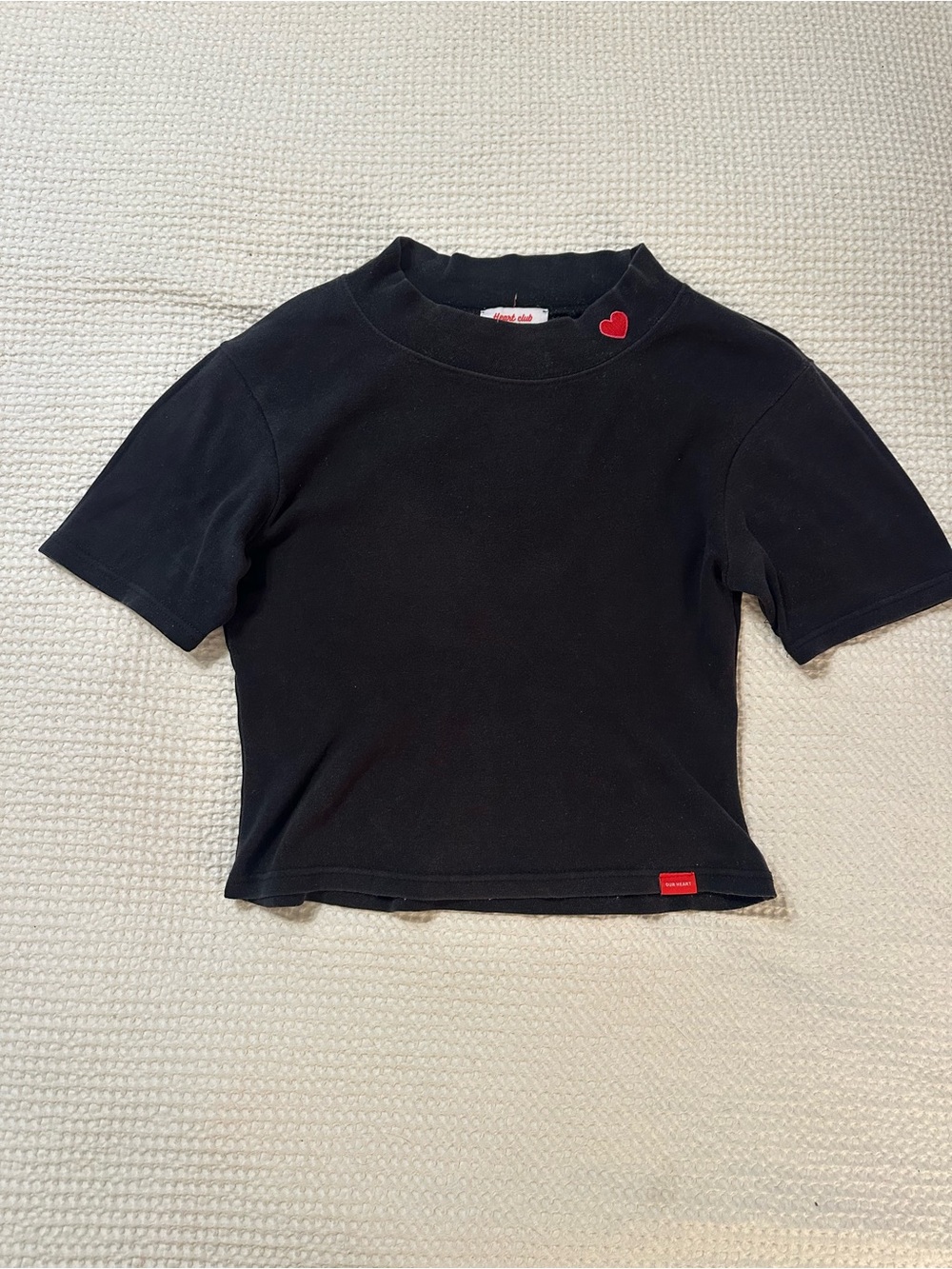 MIXXMIX Heart Club Black Mock Neck Baby Tee Red Heart Korean Y2K